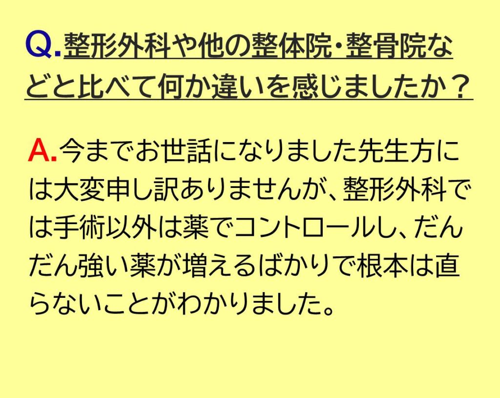 今までお世話になりました先生方には大変申し訳ありませんが、整形外科では手術以外は薬でコントロールし、だんだん強い薬が増えるばかりで根本は直らないことがわかりました。
